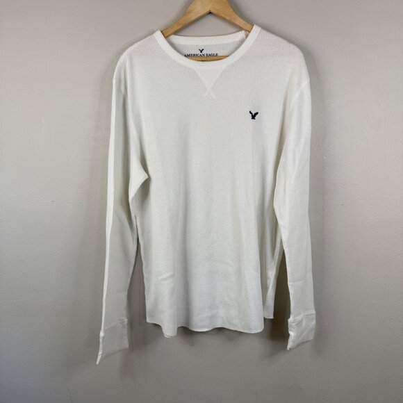 American Eagle Mens White Waffle Knit Long Sleeve Shirt With Embroidered Logo - Picture 1 of 13